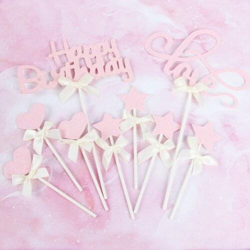Colorful Cake Topper Star Heart Bow Happy Birthday Party Cake Decora Supplies Baby Shower Decoration Wedding Party