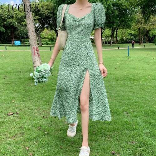 2021 New Summer Dress Chiffon Print Dress One-Piece Korean Fashion V-Neck Puff Sleeve Long Dress Casual Dresses Vestido De Mujer
