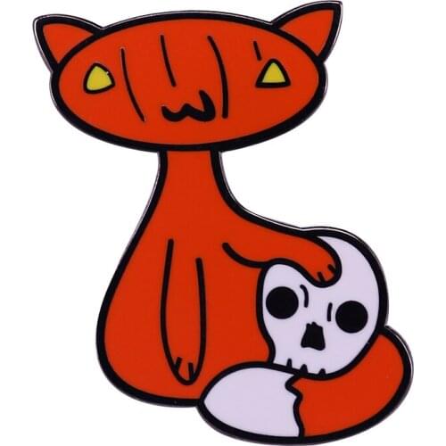 Orange Tabby Cat and Skull Lapel Pin Take you to appreciate the fusion beauty of Gothic horror and weird art