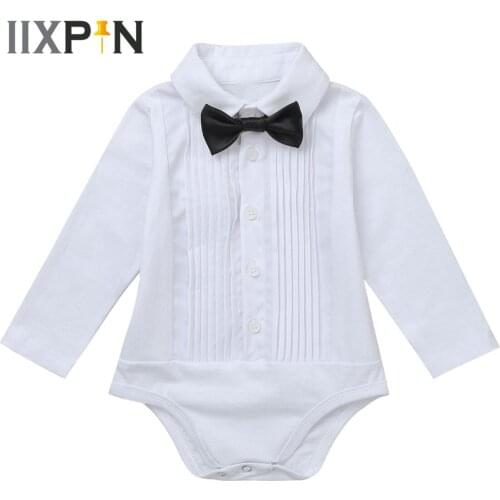 Infant Baby Boys Shirt Romper Long Sleeve Ruffled One-piece Bowtie Tuxedo Bodysuit Gentleman Costume Babys Romper Jumpsuit