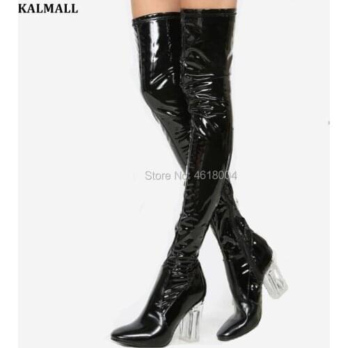 KALMALL Crystal Block Heel Thigh High Boots Women Patent Leather Over Knee Booties Red Black Blue Long Boots Runway Women