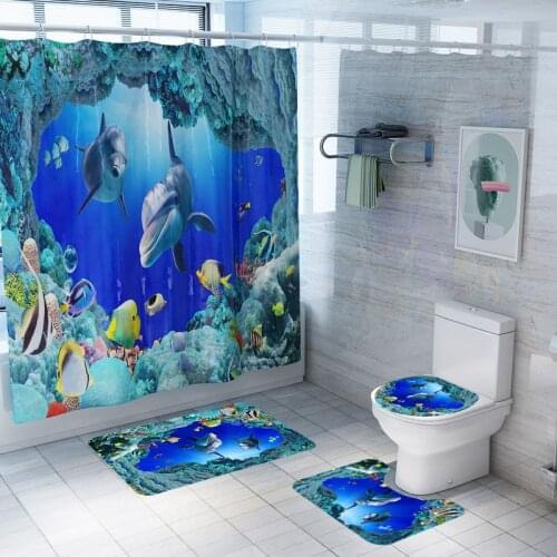 Modern Printed Bath Mat and Shower Curtain Set 4pcs Water Absorbent Carpet Anti Skid Bathroom Rugs Toilet Foot Pad Bath Mats