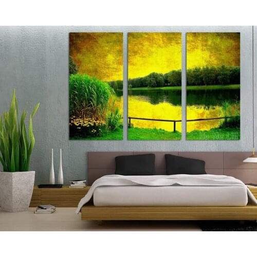 3 Panel Triptych Canvas Print Beautiful Green Forest River For Interior Room Decor