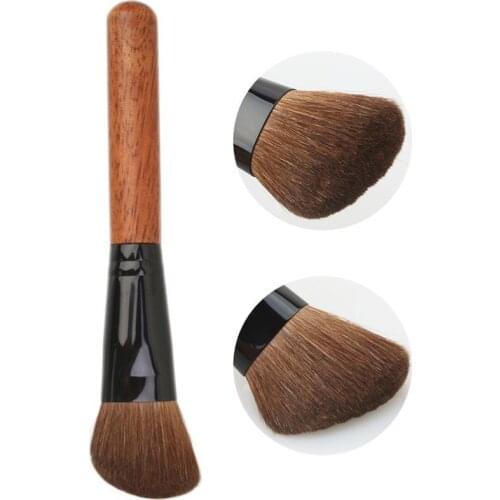 High quality horse hair wooden handle black aluminum collar powder blusher make up brush in cosmetic