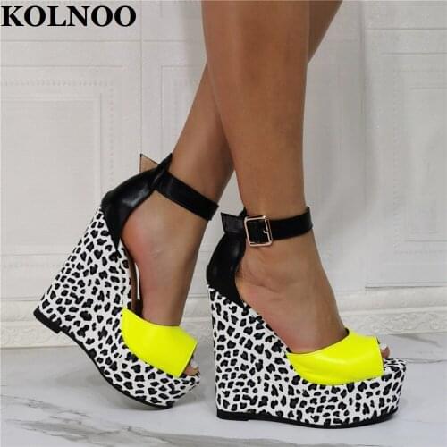 Kolnoo Handmade Womens Wadges Heels Sandals Patchwork Leather Peep-Toe Buckle Strap Sexy Party Shoes Evening Club Fashion Shoes