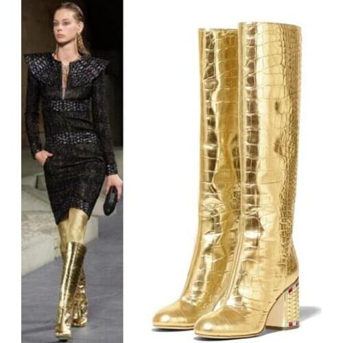US4-11 Womens Pointy Toe Crocodile Pattern Golden Bling Rhinstones Knee High Thigh Boots Block Heel Real Leather Shoes Plus Sz