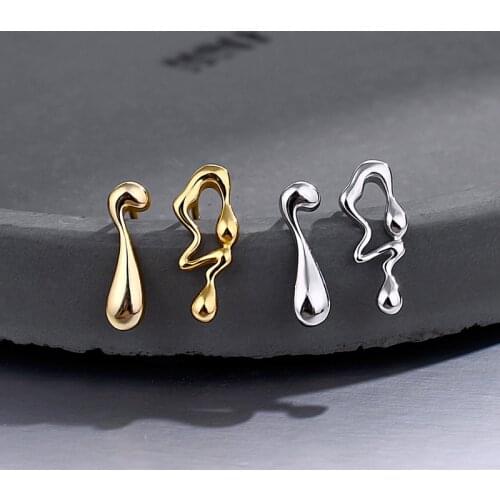 Real 925 Sterling Silver Stud Earrings for Women Irregular Water Drop Asymmetrical Minimalist Earings Fashion Jewelry 2021