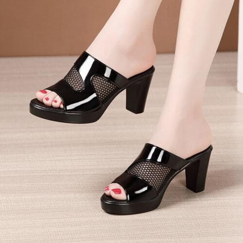 Plus Size 32-43 Block Heel Patent Leather Slippers Wedding Shoes Women 2021 Summer Cutout High Heels Slides Ladies Office Shoes