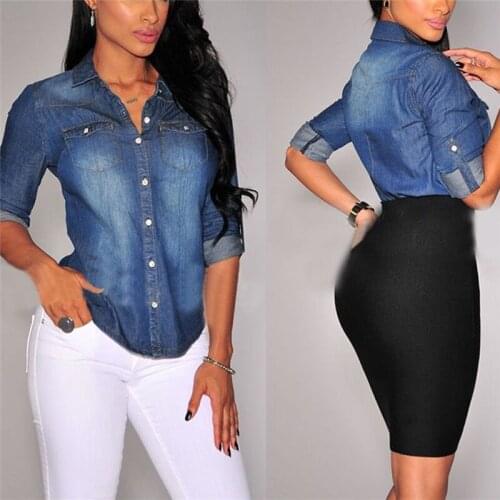 Women Long Sleeve Loose Shirts Shirt OL Clothes Plain Casual Button Blouse Top Office Lady Summer Denim Shirts