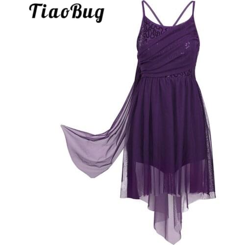 TiaoBug Women Spaghetti Straps Asymmetrical Mesh Ballet Tutu Leotard Dress Ballerina Stage Shiny Sequin Bodysuit Adult Dancewear