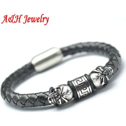 5pcs 8 Inches Genuine Leather Men Bracelets New Arrival Stainless Steel Skull Heads Charms Magnet Clasp Mens Jewelry