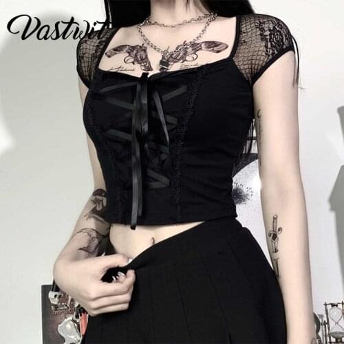 Black Sexy T-Shirts Women Girl Street Clubwear Tee Lace Patchwork Short Sleeve Slim Crop Top Dark Academia Aesthetic Gothic Tops