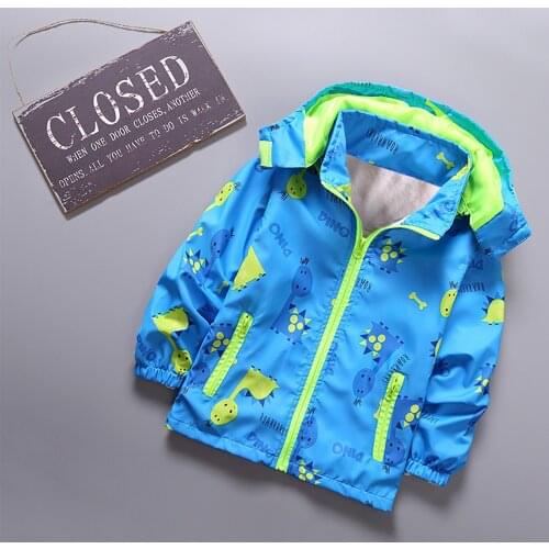 Toddler Kids Boys Girls Cute Cartoon Coat Baby Kids Long Sleeve Dinosaur Patterns Hooded Coats Windbreaker Outdoor Spring Jacket