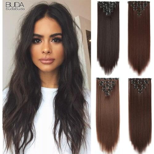 22Inch Long Straight Synthetic Hair 16 Clips In Hair Extensions Clip in High Temperature Fiber Ombre Purple Pink Brown Hairpiece