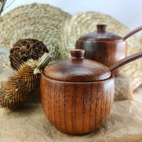 Eco-Friendly Wooden spice jar salt and pepper Seasoning Jar Natural Spice Tank with Lid and Spoon Seasoning Container Kitchen