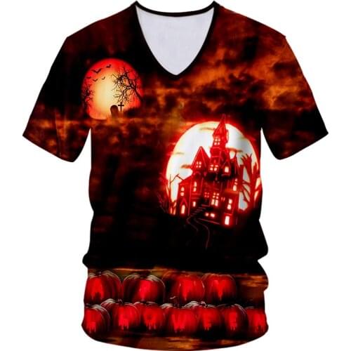 CJLM Mens New Creative Street Clothing 3D Printed V Neck Tshirt Castle Halloween Big Size Man 6XL