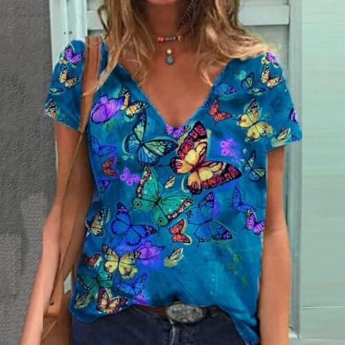 T-Shirt Plus Size Women Short Sleeve V-Neck Tops Butterfly Printed Tee T-Shirt Casual Loose Tops Womens Clothing майка женская