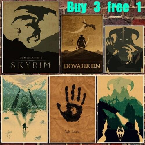 Skyrim Classic Game Retro Kraft Paper Poster Bar Office Cafe Home Art Wall Sticker Decoration