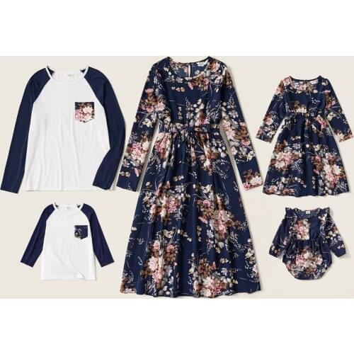 PatPat Floral Print Family Matching Sets（Long-sleeve Belted Midi Dresses and T-shirts