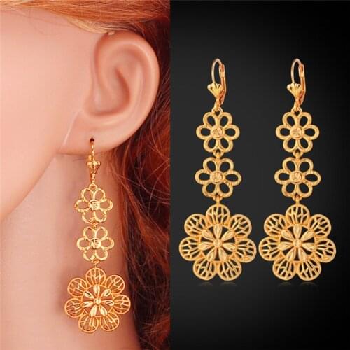Kpop Long flower Drop Earrings For Women Elegant vintage retro Jewelry New High Quality Wedding yellow Gold Color Earrings E020