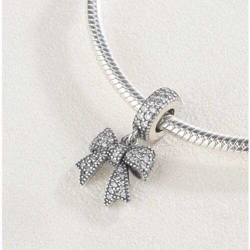 Fashion 925 Sterling Silver DIY Oxidised Jewellery White Natural Zircon Bow Pendant Charm Bracelet For Original Pandora