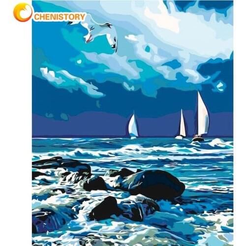 CHENISTORY Picture By Numbers Abstract Sea View DIY Kits Acrylic Paint Drawing Canvas With Framed Painting Coloring By Numbers