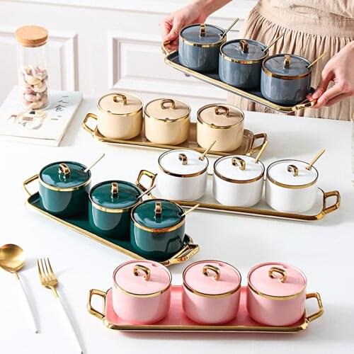Nordic Seasoning Jar Combination Set Household Ceramic Kitchenware Salt Sugar Jar Light Luxury Elegant Storage Seasoning Box