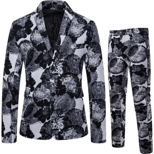 Slim Fit Male Two Piece Print Suits Wedding Dress Men National Style Business Casual Blazer Wedding Prom Dinner Suits
