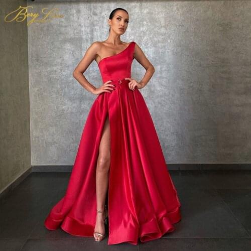 Simple Satin Evening Dresses Long One Shoulder High Split Party Dress Elegant Ruched Robe de soiree 2020