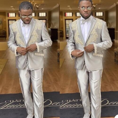 Luxury Beading Mens Suits Pearls Groom Wedding Blazer Tuxedos Prom Party Coat Formal Wear Outfits (Jacket+Pants)