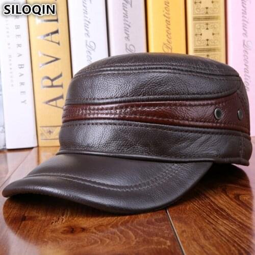 SILOQIN Middle-aged Mens Army Military Hats With Ears Autumn Winter Cowhide Earmuffs Flat Cap Leather Caps Genuine Leather Hat