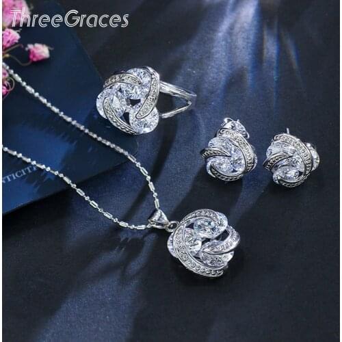 ThreeGraces New Fashion 925 Silver Jewelry Sets Cubic Zirconia Knot Earrings Necklace and Ring Set for Women Dancing Party JS124