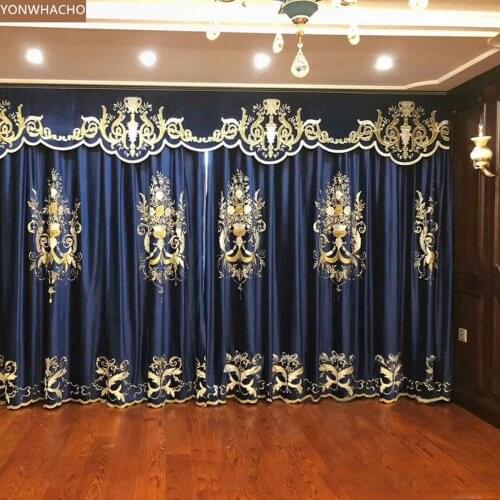 Custom curtains high quality luxury European embroidered velvet thick blue cloth blackout curtain valance tulle panel B648