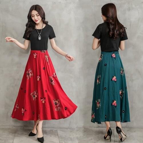 TingYiLi Embroidery Cotton Linen Skirts Womens Vintage Ethnic Long Skirt Plus Size Blue Green Red Black Skirt Big Swing