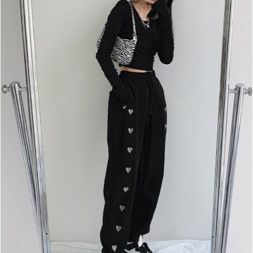 WOMENGAGA Heart Pattern High Waist Drawstring Tie Feet Sweatpants Women Korean Casual Loose Elastic Waist Harem Pants Mix8