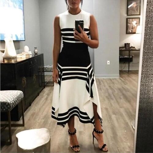Women Black White Stripe Print Dress Summer Sleeveless O-neck Knee-Length Dresses Casual Plus Size Fit and Flare Irregular Dress