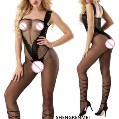 SHENGRENMEI Mujeres Teddies Bodysuits 2019 Women Lingerie Exotic Apparel Lace Strap Underwear Sexy Black Transparent Nightwear