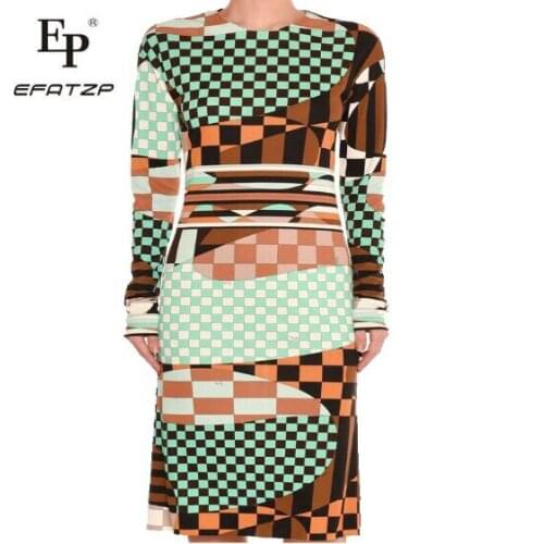 EFATZP New Fashion 2018 Dress Womens Autumn Long Sleeve Geometric Print Elastic Knitted Slim Day Dress