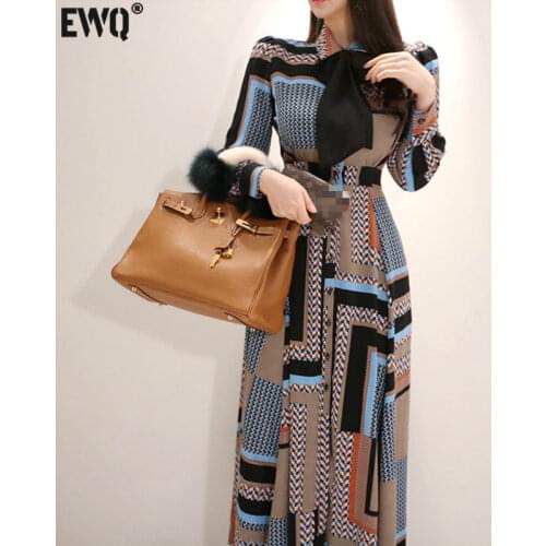 [EWQ] 2021 Autumn New Long Sleeve Modern Lady Dresses Loose Casual Laides Robe Bow Check Party Shirt Dresses QB93709