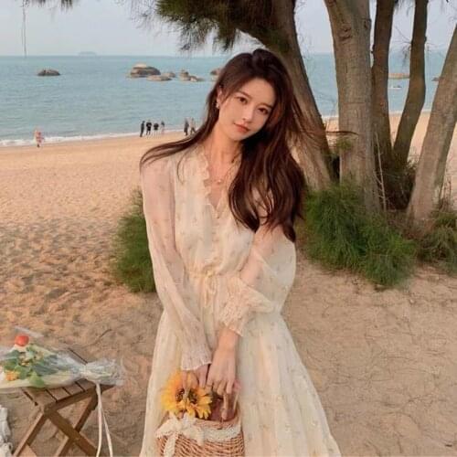 Elegant Sweet Retro Dress Women Long Sleeve Chiffon V-neck Floral Dresses Party Beach Dress for Females Korean Style Summer 2021
