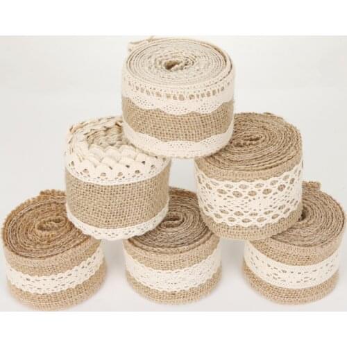 2M Width 5cm/6cm Ivory Color Natural Jute Rolls Burlap Hessian Ribbons with Cotton Lace For DIY Ornament Burlap Wedding