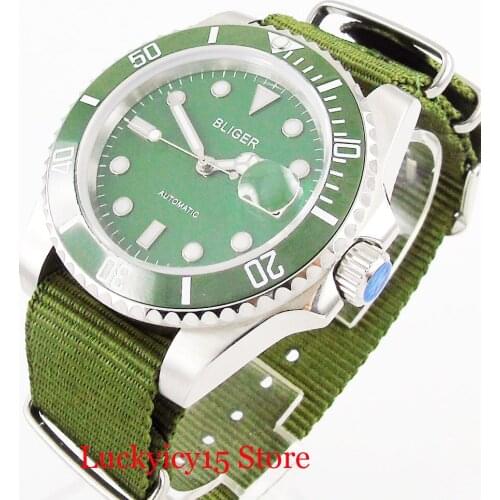 BLIGER Logo 40mm Military Men Watch 40mm Green Dial Automatic MIYOTA Movement Nylon Strap Sapphire Crystal