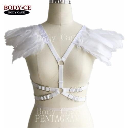 BurningMan Angel Wings White Feathers Epaulette Body Cage Strappy Bondage Shoulder Wedding Feather Tops Lingerie Perfect Burning