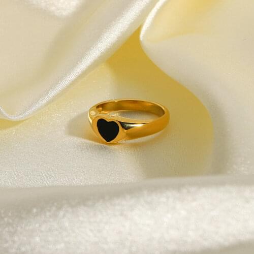 18K Gold Plated 316L Stainless Steel Rings For Women Black Heart Epoxy Accessories Rings