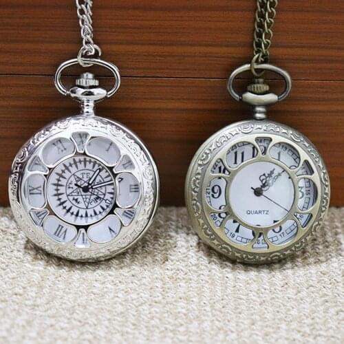 Unisex Hollow Flower Round Dial Arabics Roman Numerals Chain Quartz Pocket Watch
