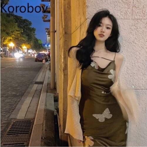 Korobov 2021 Summer New Women Dress Vintage Spaghetti Strap Dresses Korean Harajuku Butterfly Print Ulzzang Vestidos