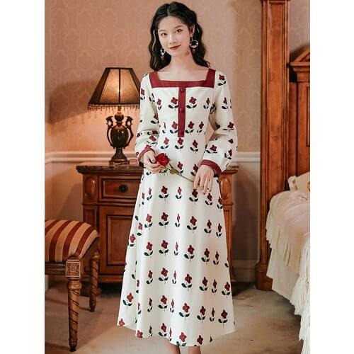 Summer New Womens Dress Retro Court Style Quality Show Thin Long Dress Rose Print British Square Collar Travel Beach Dress