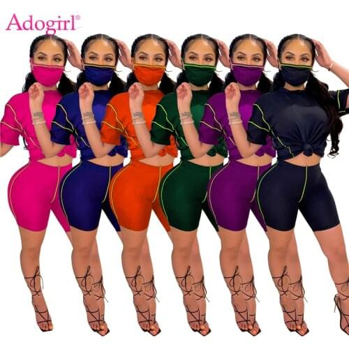 Adogirl 2020 Summer Women Set Color Patchwork Short Sleeve T Shirt Top Sporty Shorts 2 Piece Suit Female Tracksuit
