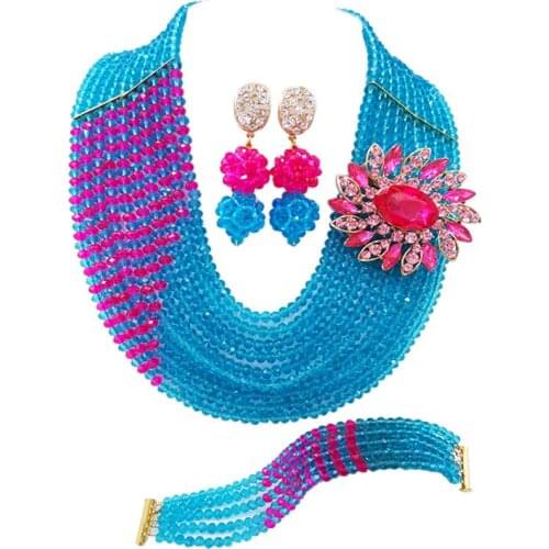 Lovely lake blue and fuchsia pink costume necklace african set nigerian wedding beads jewelry set