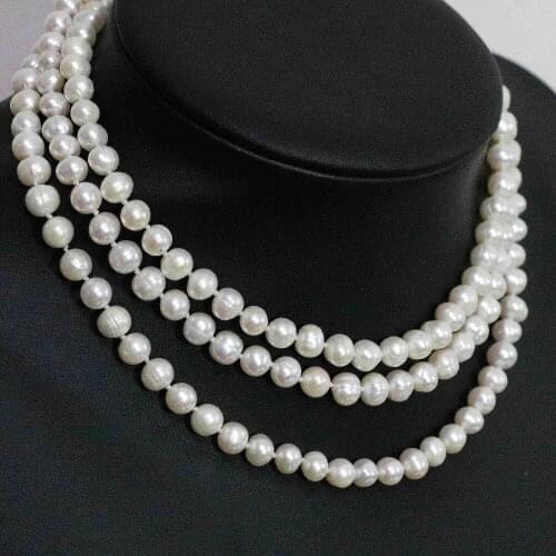 Fashion white freshwater cultured round pearl 7-8,8-9mm natural beads long women chain necklace jewelry 46inch B1483